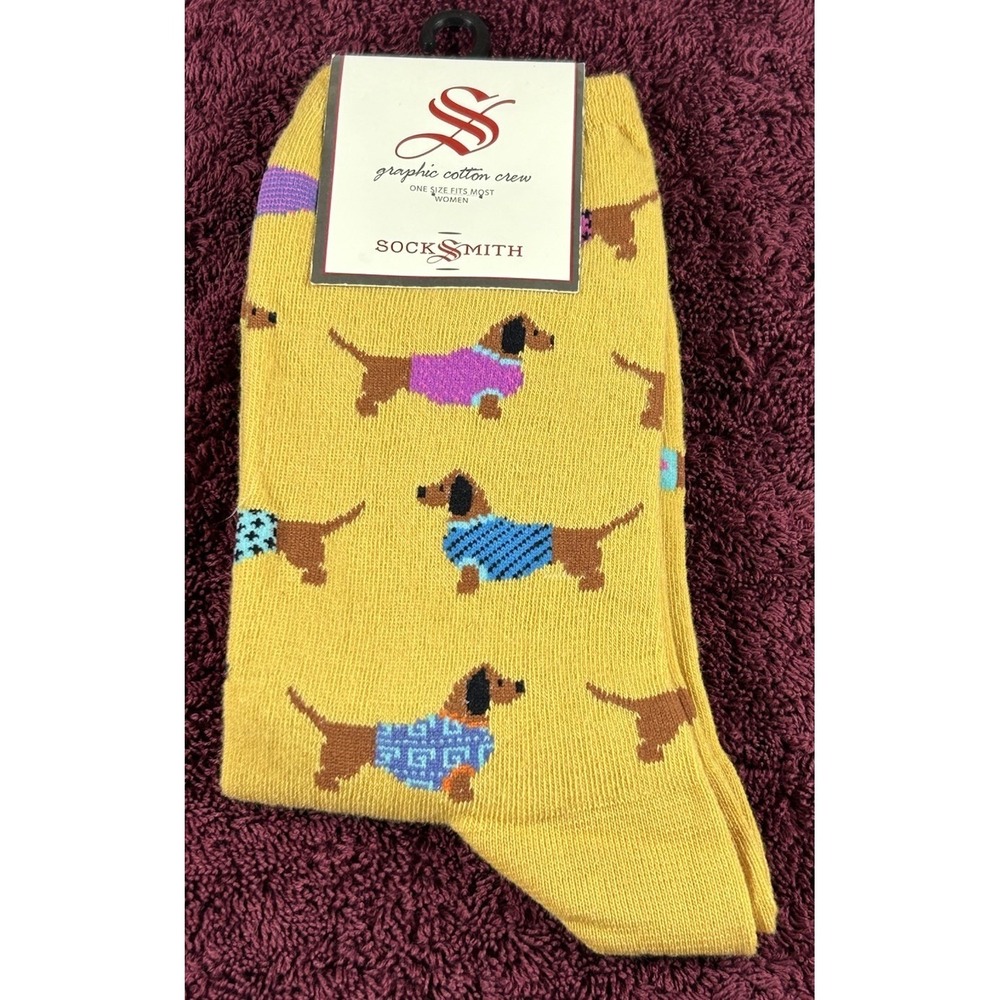NEW SOCKSMITH Women's Socks Novelty Crew Cut Socks "Haute Dog" Mimosa Yellow